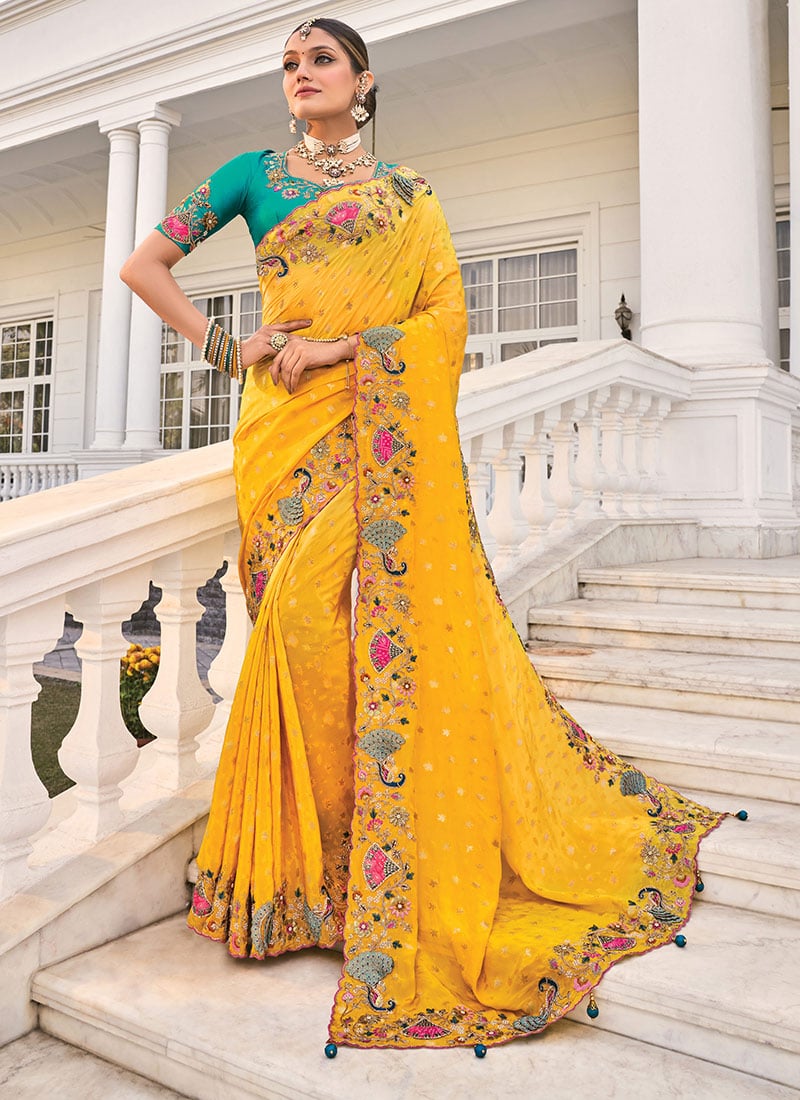 Yellow Crepe Zari Beads Embroidered Sequins Zarkan Stones Cutdana Saree Wedding Wear