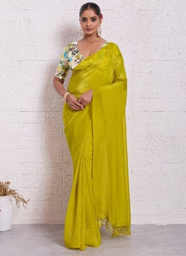 Yellow Crunchy Silk Digital Print Saree