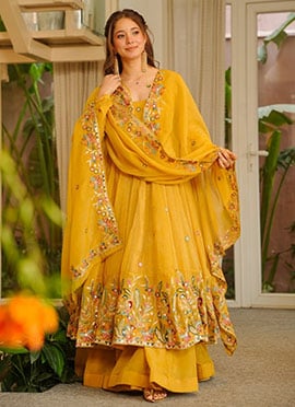 Yellow Crunchy Silk Embroidered Anarkali Suit