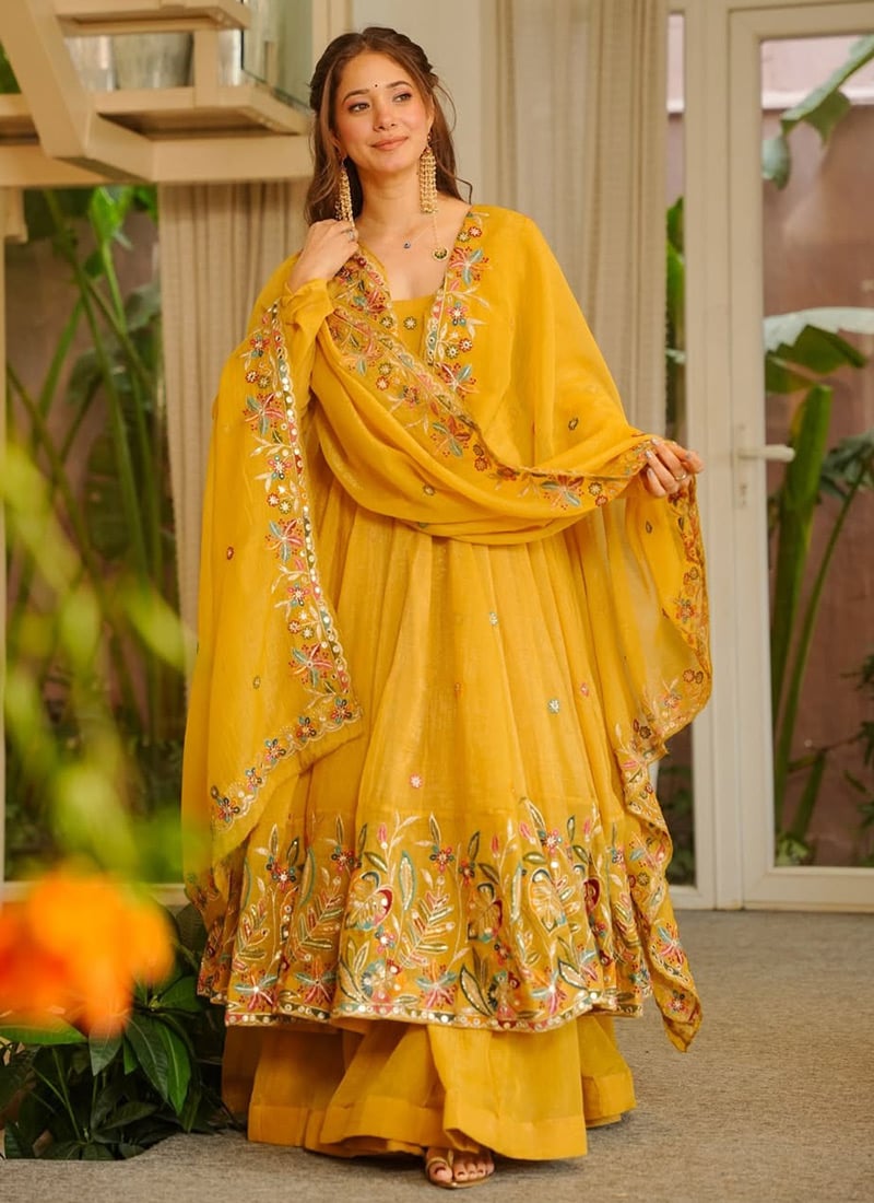 Yellow Crunchy Silk Embroidered Anarkali Suit After Six Wear