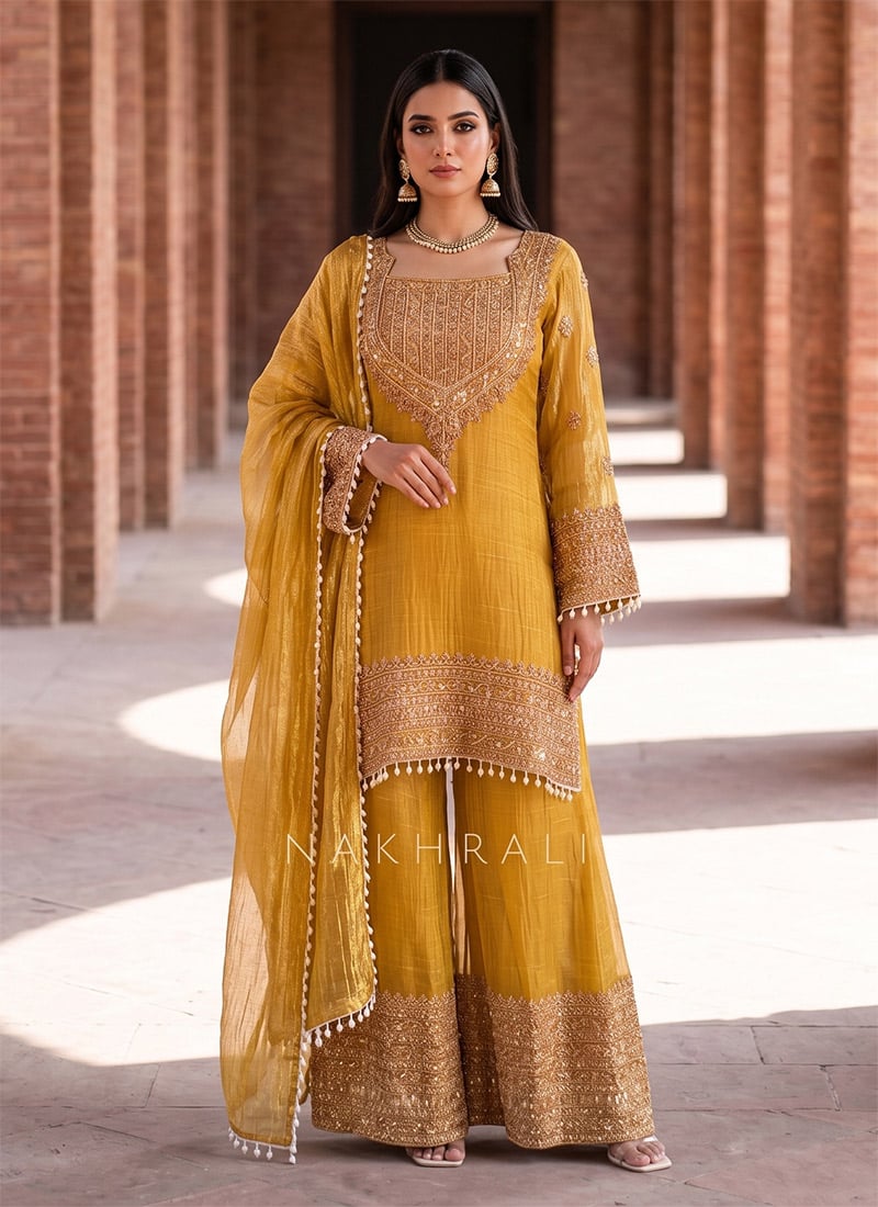 Yellow Crunchy Silk Embroidered Palazzo Suit After Six Wear
