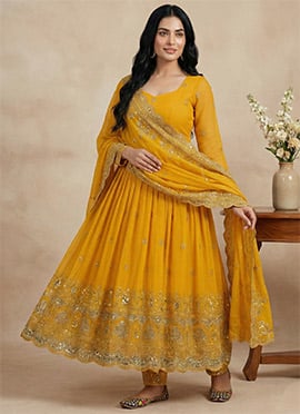 Yellow Crunchy Silk Embroidered Sequin Anarkali Suit