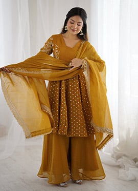Yellow Crunchy Silk Embroidered Sequins Palazzo Suit