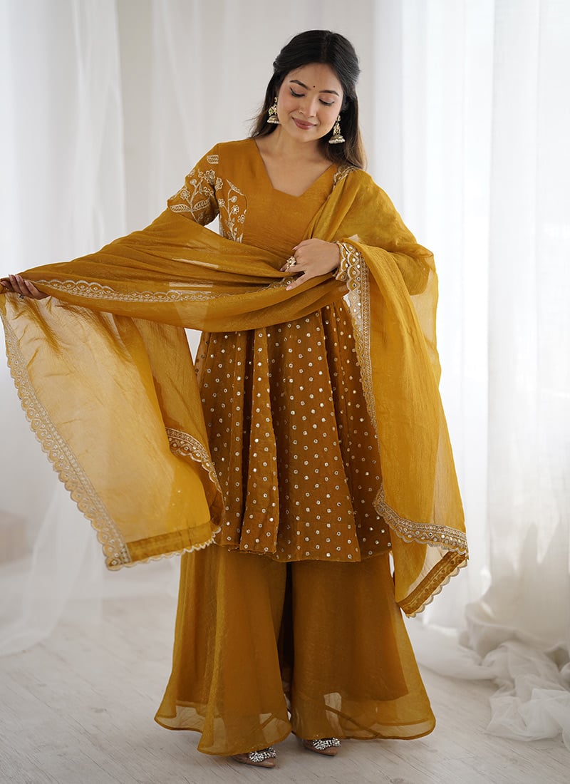 Yellow Crunchy Silk Embroidered Sequins Palazzo Suit Festive Wear
