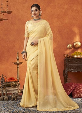 Yellow Crunchy Silk Embroidered Sequins Saree