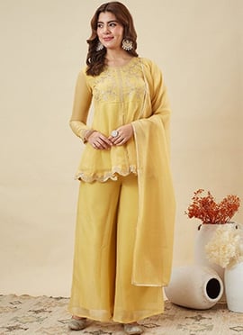 Yellow Crunchy Silk Sequins Zari Palazzo Suit