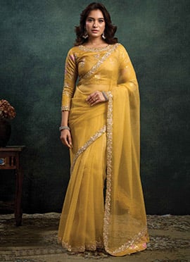 Yellow Crush Organza Silk Sequins Moti Stones Hand Embroidered Saree