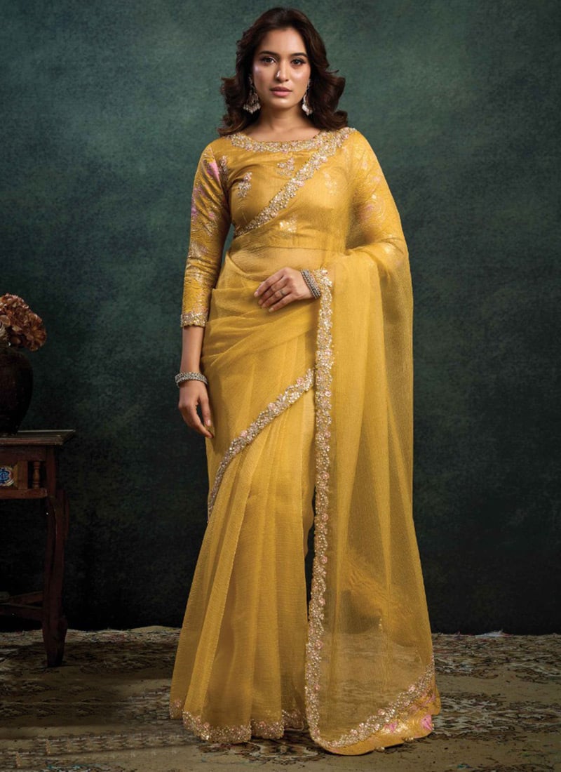 Yellow Crush Organza Silk Sequins Moti Stones Hand Embroidered Saree Wedding Wear