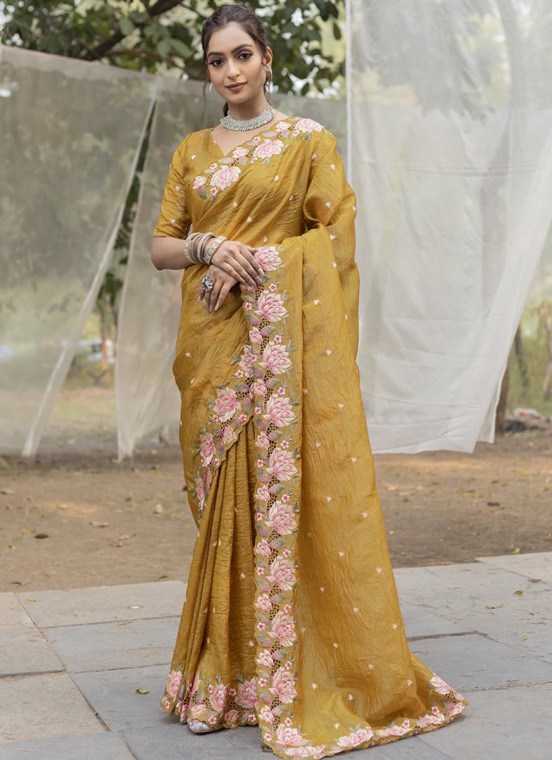 Yellow Crush Silk Embroidered Cut Work Saree Festive Wear