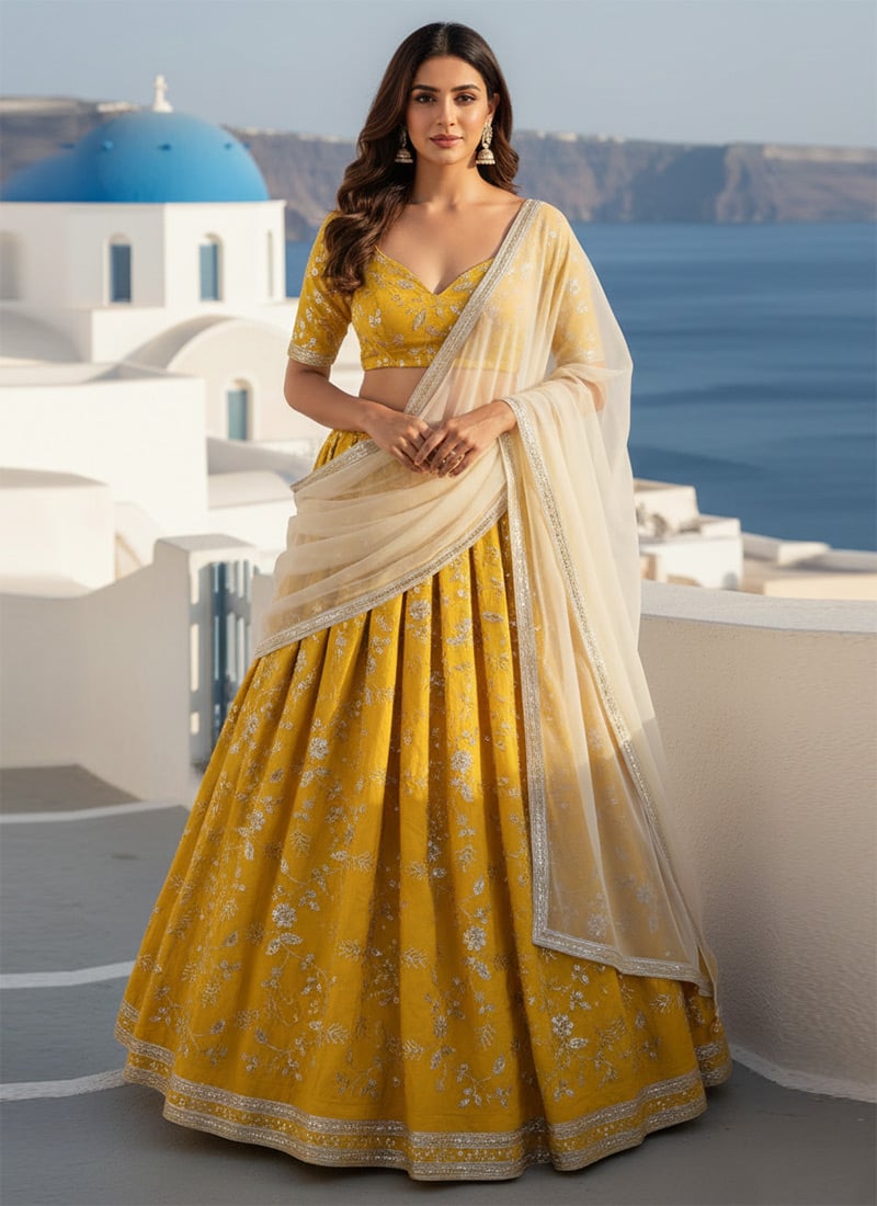 Yellow Crush Silk Embroidered Lehenga Wedding Wear