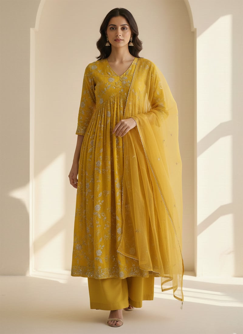 Yellow Crush Silk Embroidered Palazzo Suit Festive Wear
