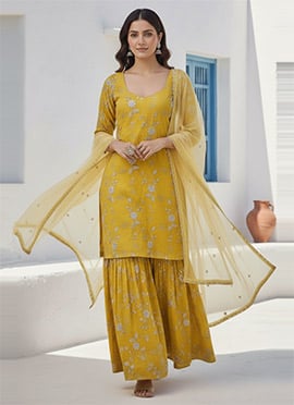 Yellow Crush Silk Embroidered Sharara Suit