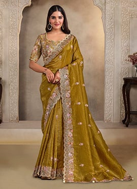 Yellow Crush Silk Hand Embroidered Sequins With Beads Work Saree
