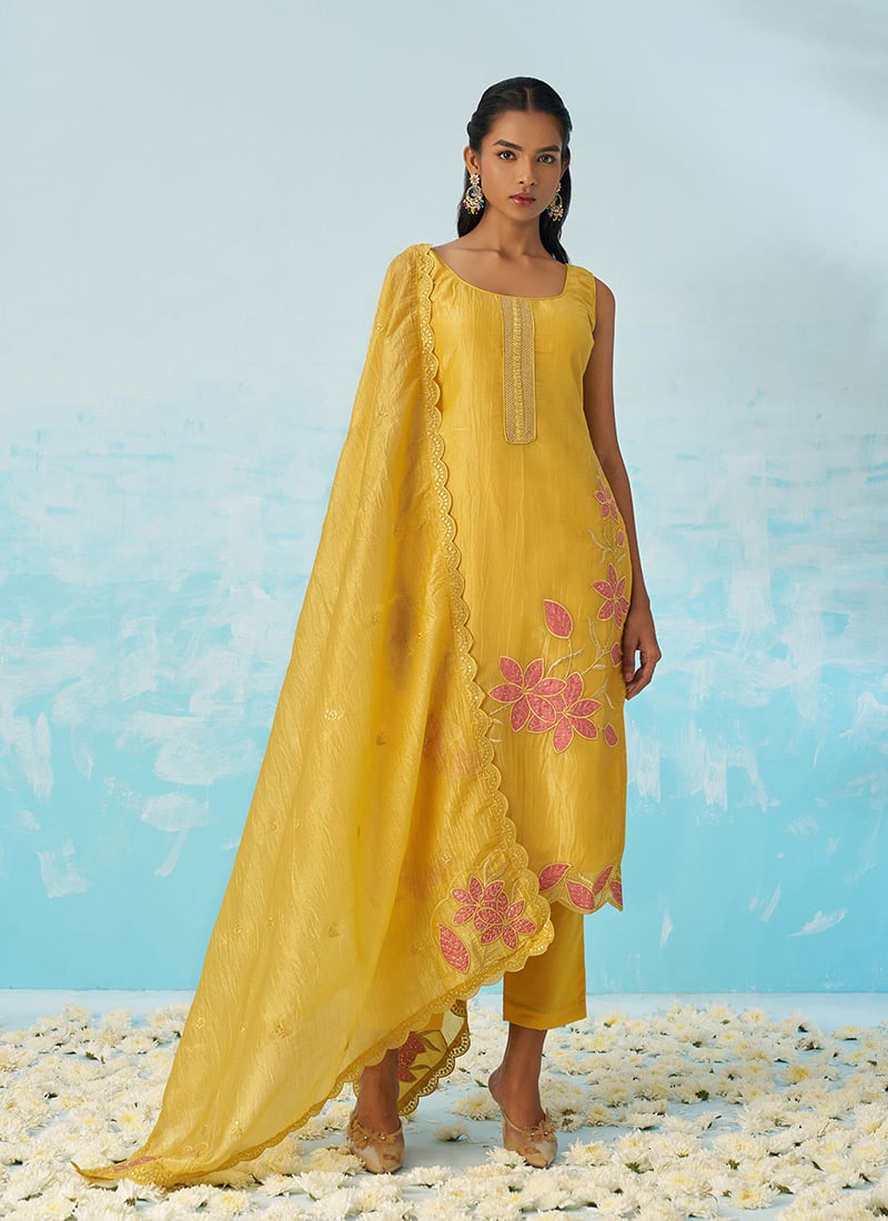 Yellow Crush Silk Thread Embroidered Sequins With Patch Work Straight Pant Suit Festive Wear