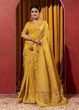 Yellow Crush Silk Thread Saree
