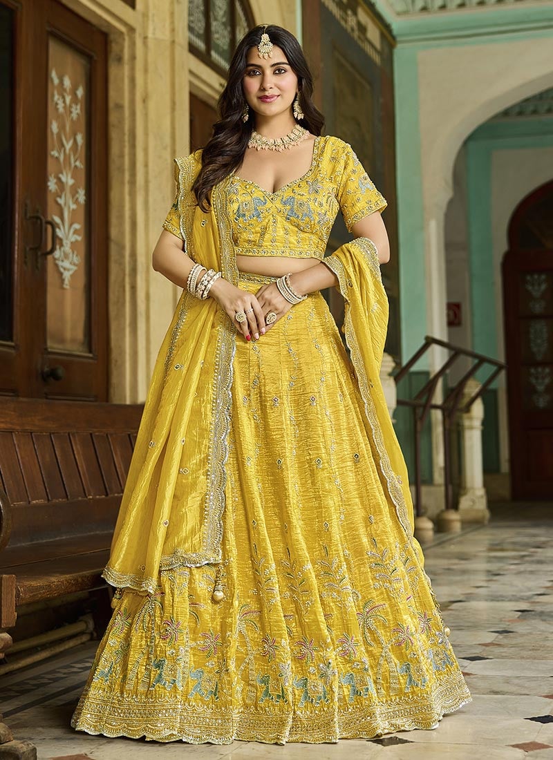 Yellow Crush Silk Zari Embroidered Sequins With Beads Work Lehenga Wedding Wear