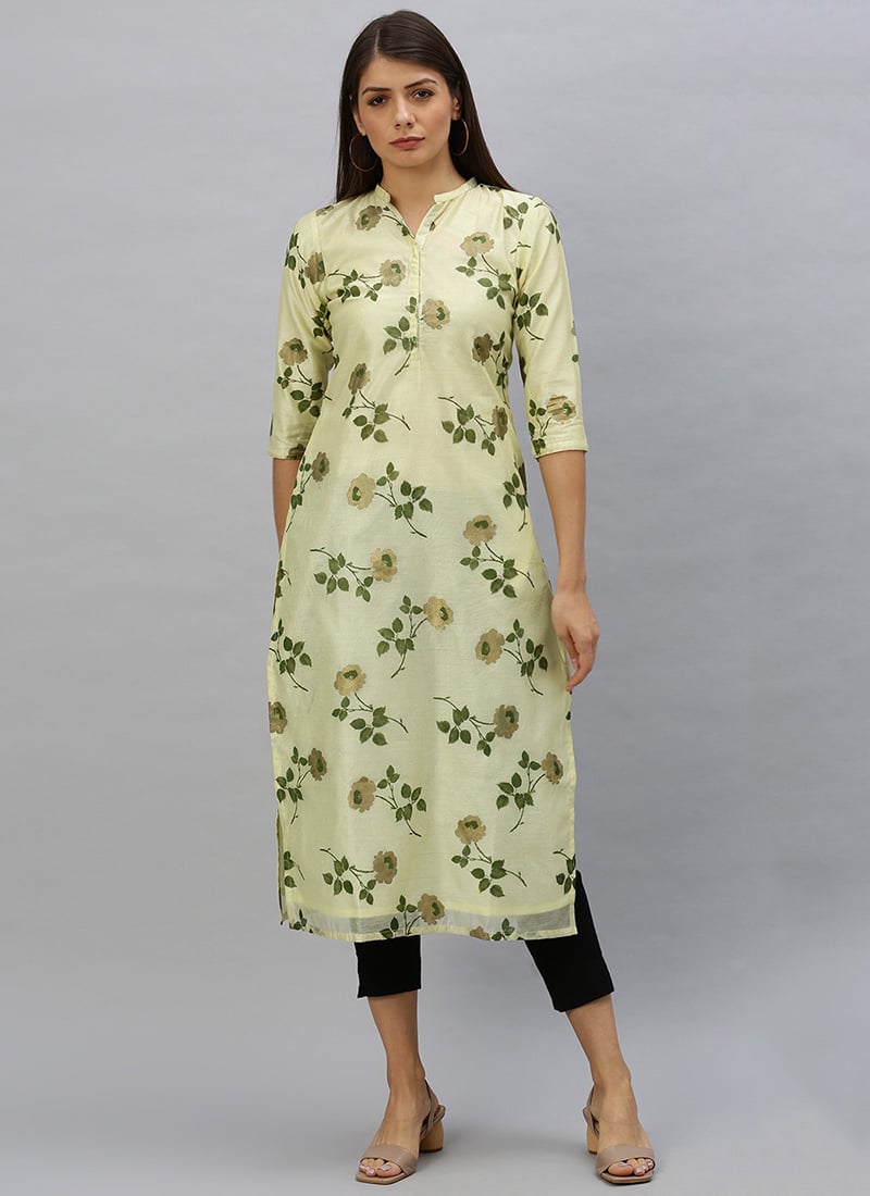 Yellow Collar Neck Foil Printed Kurti