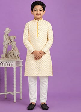 Yellow Digital Print Kurta Cotton Kurta Pyjama For Kids Boys