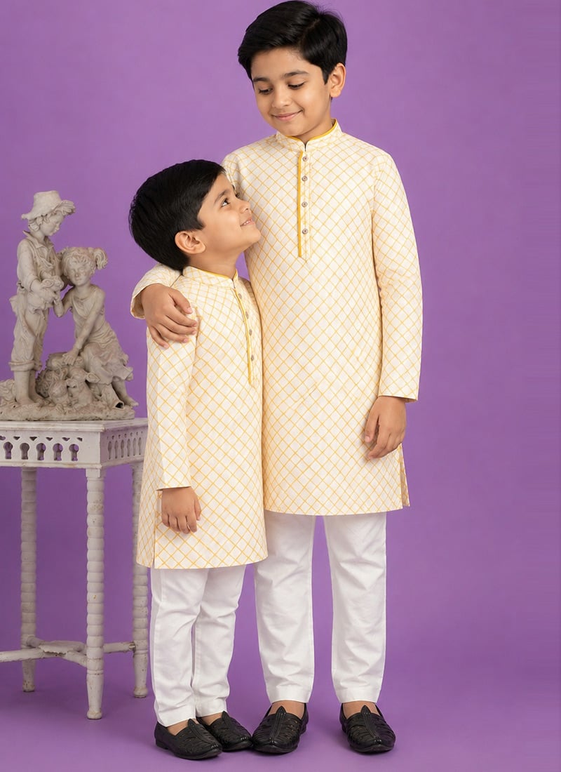 Yellow Digital Print Kurta Cotton Kurta Pyjama For Kids Boys Festive Wear