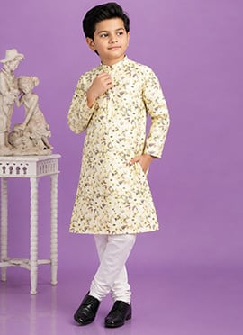 Yellow Digital Print Kurta Cotton Kurta Pyjama For Kids Boys