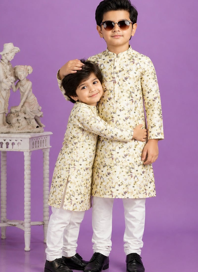 Yellow Digital Print Kurta Cotton Kurta Pyjama For Kids Boys Festive Wear