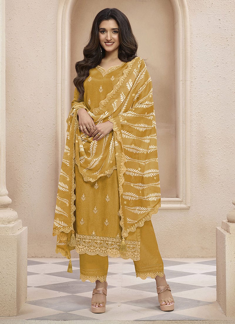 Yellow Dola Silk Embroidered Sequins Printed Straight Pant Suit Festive Wear