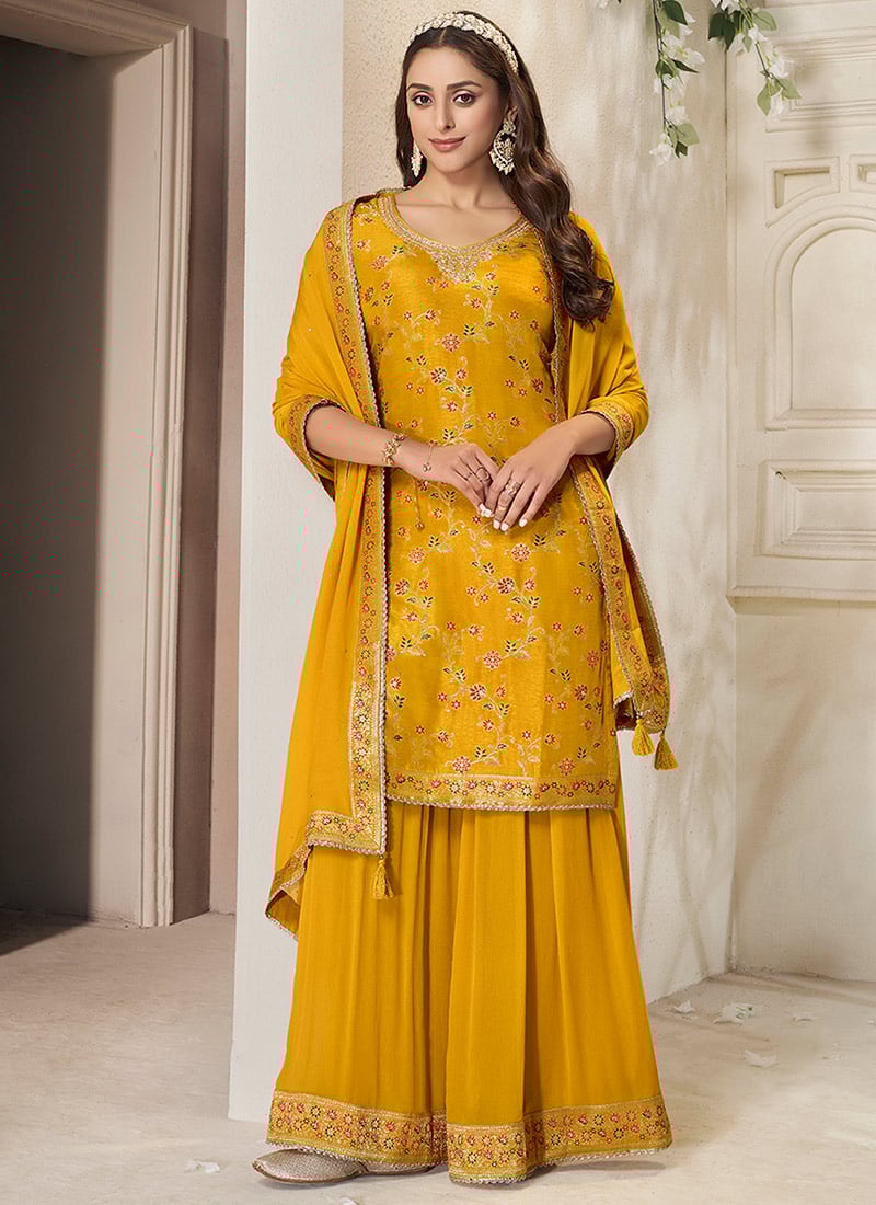 Yellow Dola Silk Floral Meena Jacquard Work Sharara Suit Festive Wear-SLSVF1598