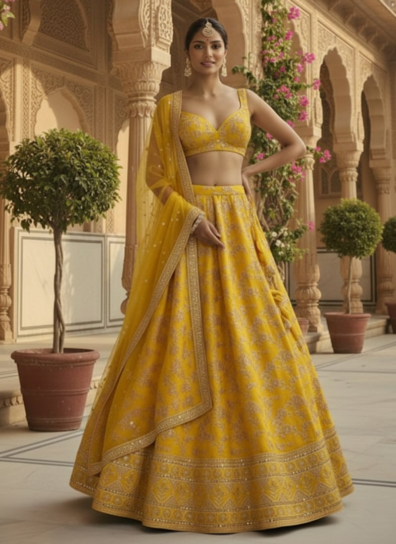Yellow Dola Silk Jacquard Sequins Embroidered Lehenga Set Festive Wear