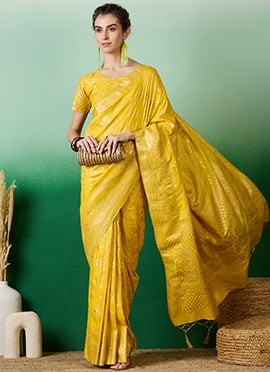 Yellow Dola Silk Jacquard Woven Border Saree With Blouse For Classic