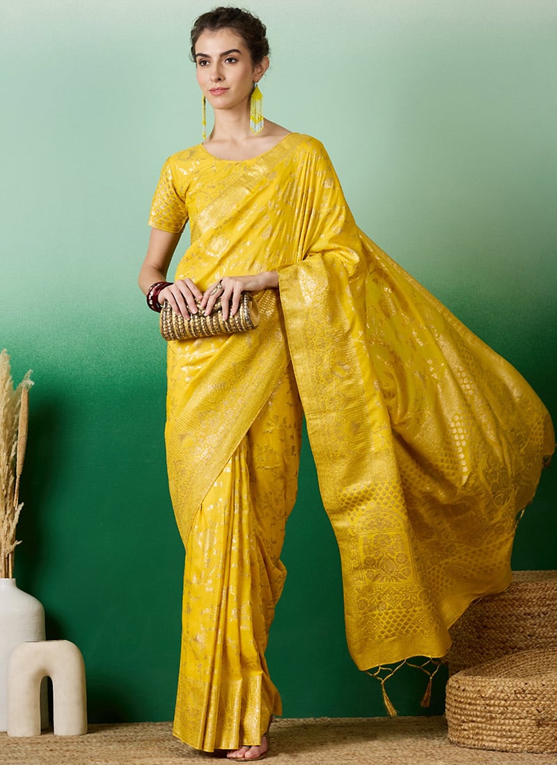 Yellow Dola Silk Jacquard Woven Border Saree With Blouse For Classic Festive Wear