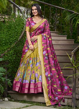 Yellow Dola Silk Kalamkari Umbrella Lehenga Festive Wear