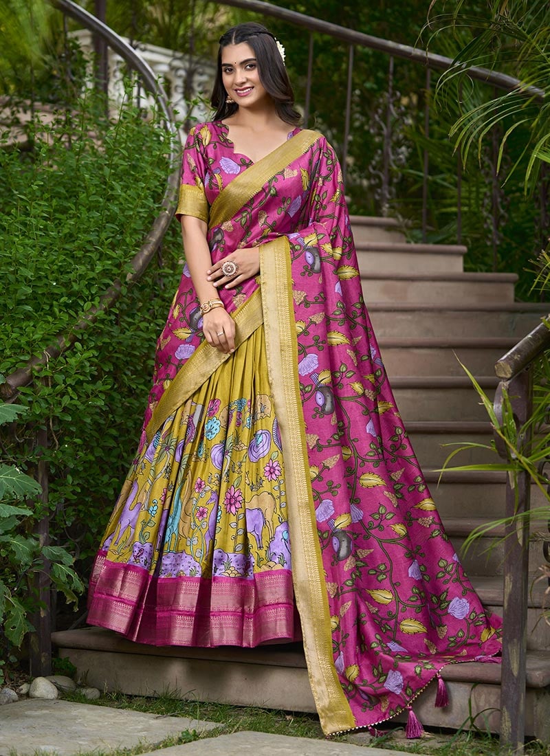Yellow Dola Silk Kalamkari Umbrella Lehenga Festive Wear
