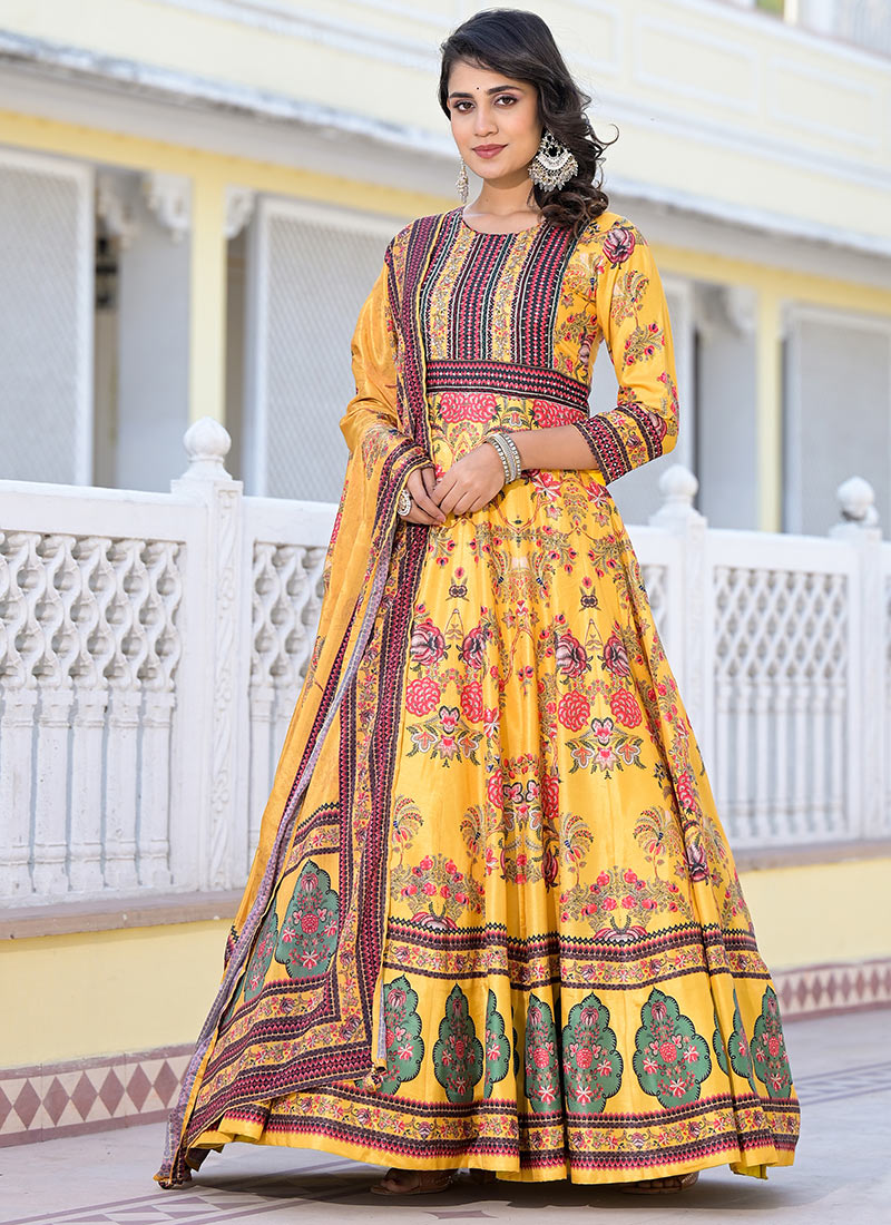 Yellow Dola Silk Printed A Line Anarkali Suit After Six Wear-SLSACY9241