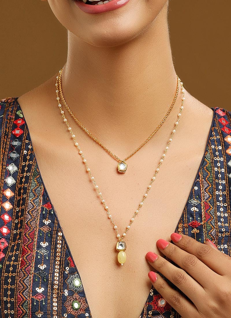 Yellow Dual Layer Kundan And Beads Necklace Festive Wear