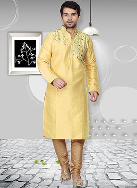 Yellow Dupion Silk Embroidered Kurta Pyjama