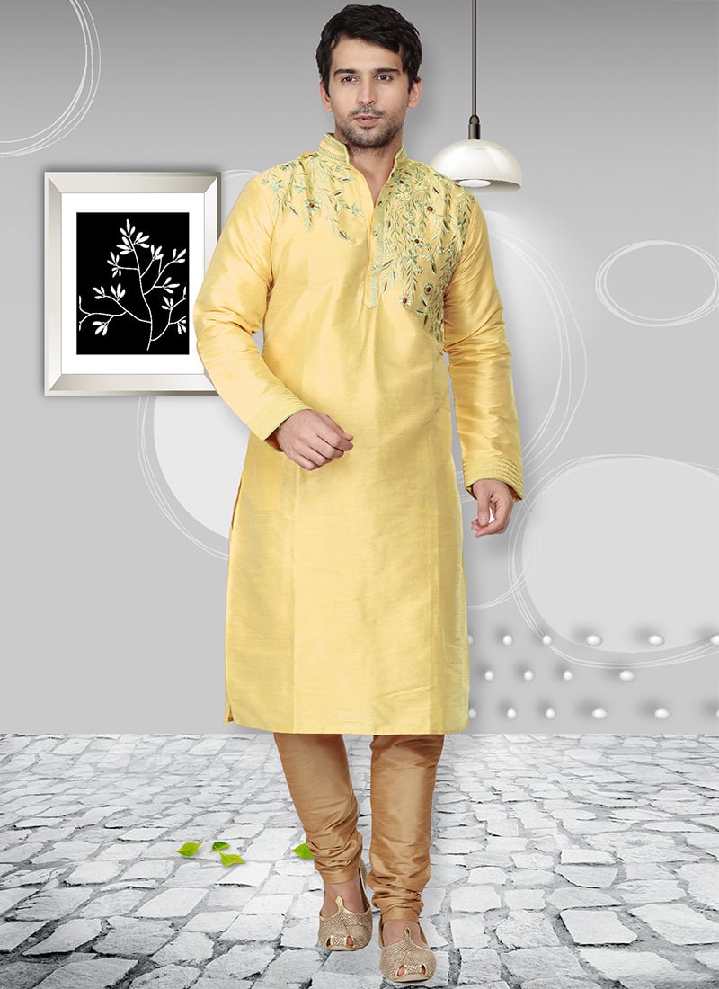 Yellow Dupion Silk Embroidered Kurta Pyjama