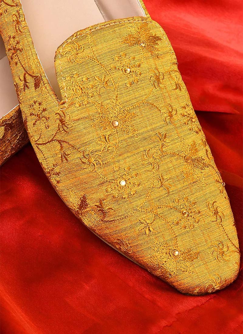 Yellow Dupion Silk Embroidered Mojri