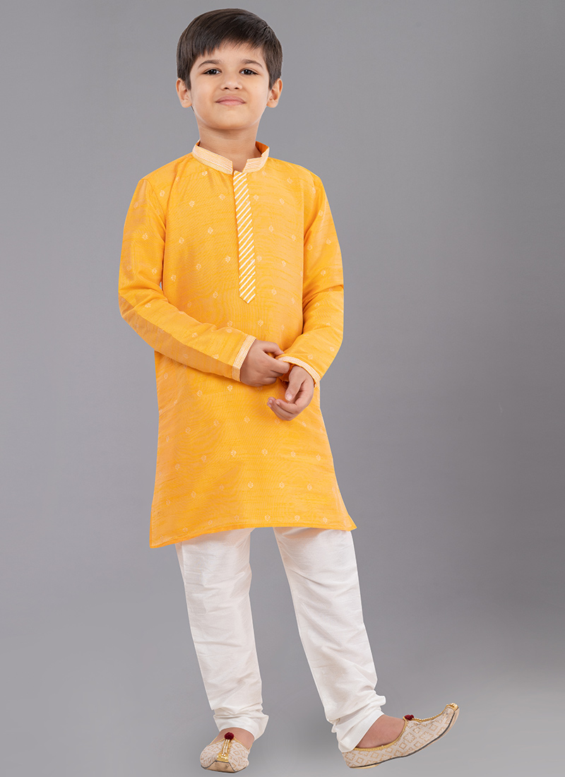 Yellow Dupion Silk Kids Kurta Pyjama Festive Wear