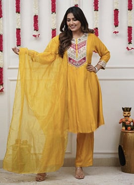 Yellow Embroidered Chanderi Silk Straight Pant Suit