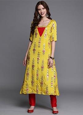 Yellow Embroidered Chinon Kurta Set