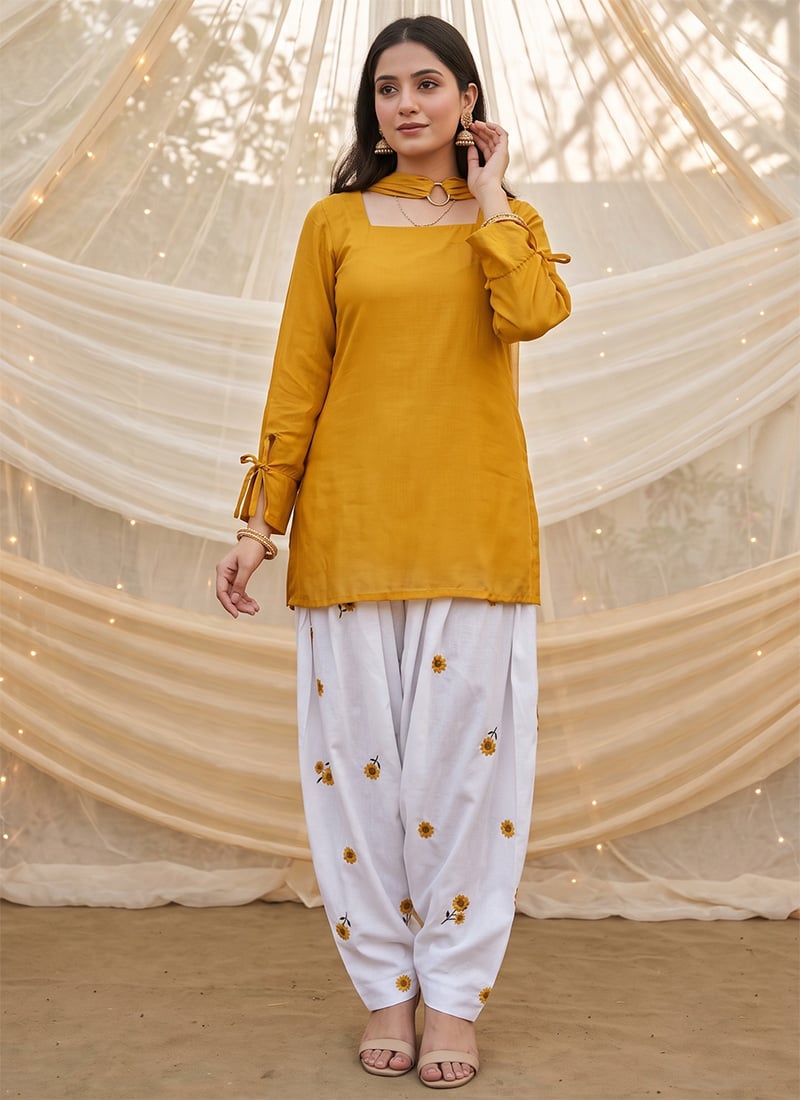 Yellow Embroidered Cotton Farshi Salwar Suit Festive Wear