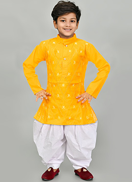 Yellow Embroidered Cotton Kids Dhoti Style Kurta Pyjama