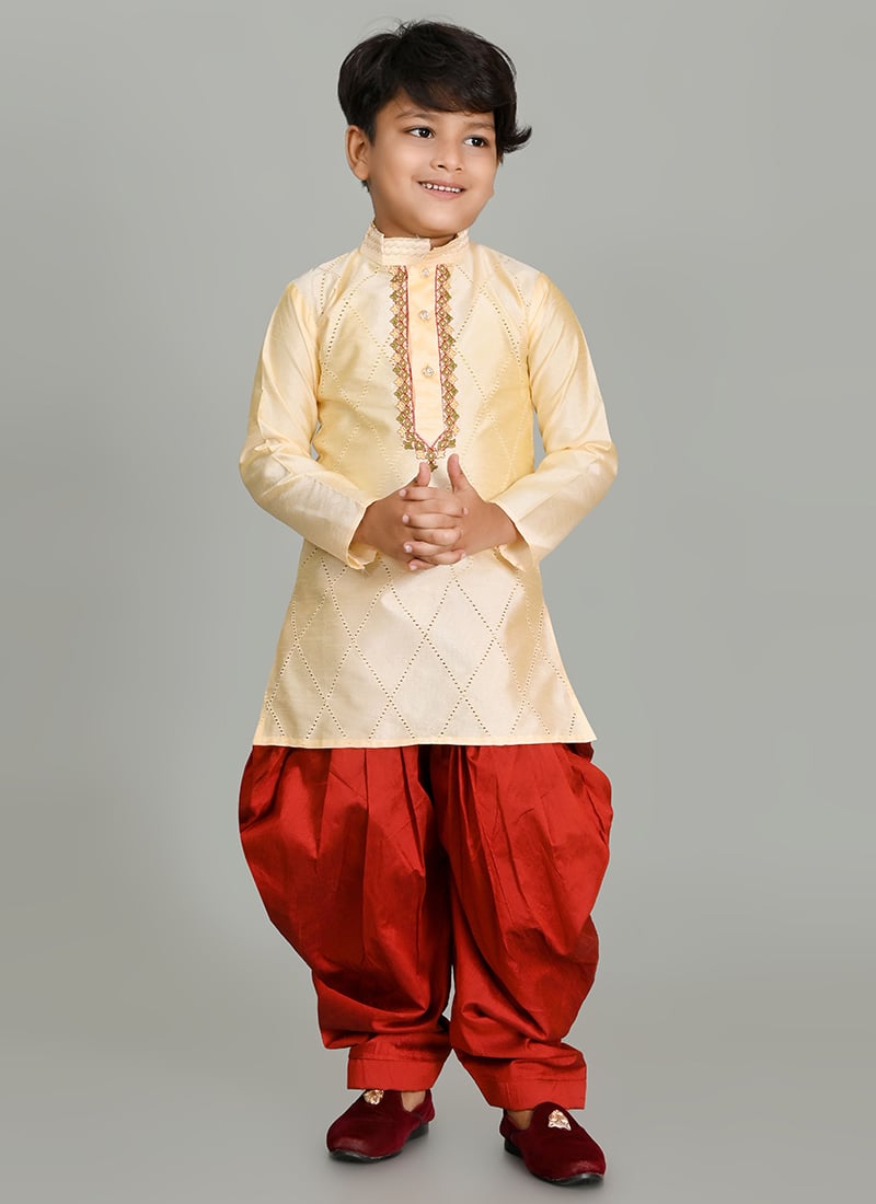 Yellow Embroidered Dupion Silk Boys Kids Dhoti Style Kurta Pyjama Party Wear