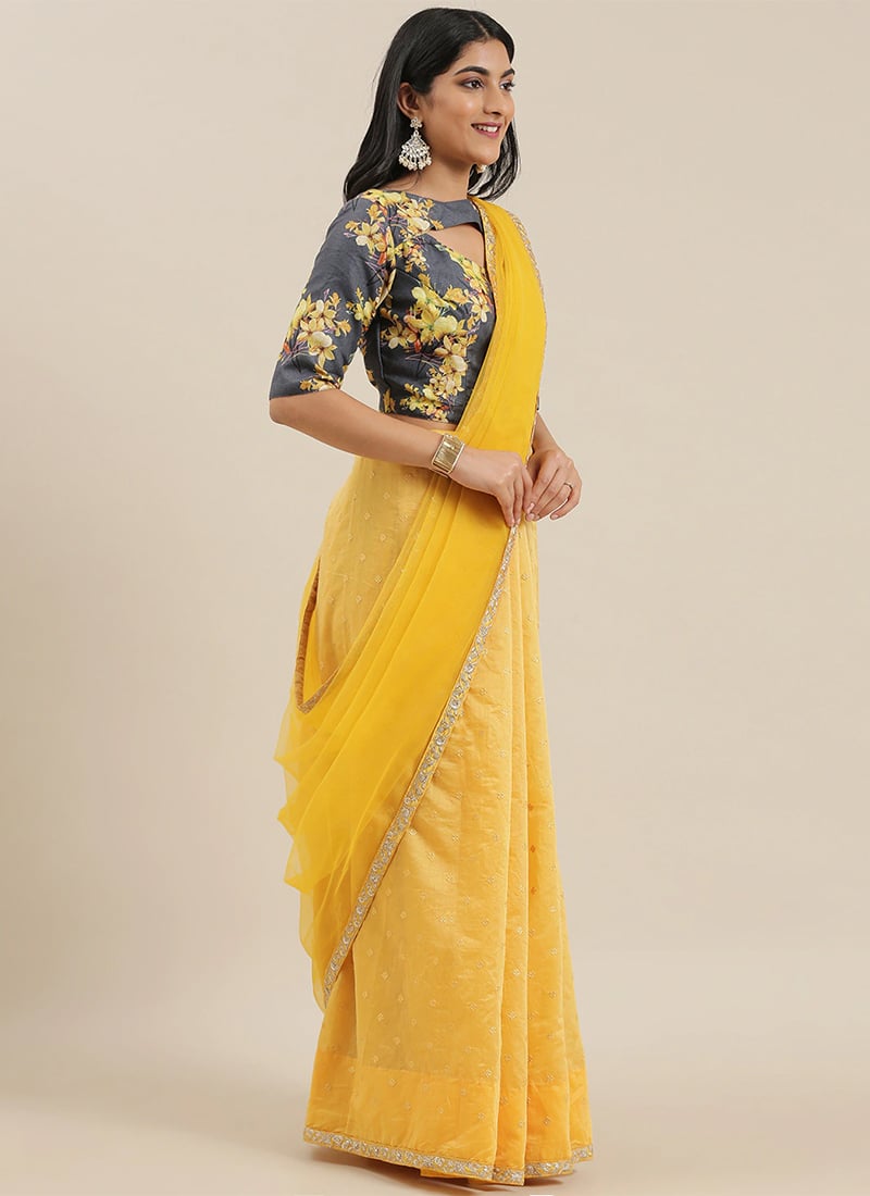 Yellow Embroidered Half N Half Saree