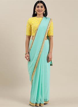 Yellow Embroidered Jewel Neckline Border Saree