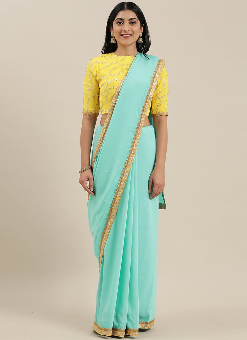 Yellow Embroidered Jewel Neckline Border Saree Party Wear