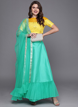 Yellow Embroidered Knife Pleat Lehenga