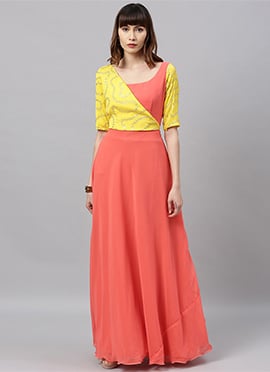 Yellow Embroidered N Peach Overlapping Style Gown