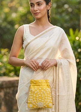 Yellow Embroidered Potli Bag With Pearl Bead Work