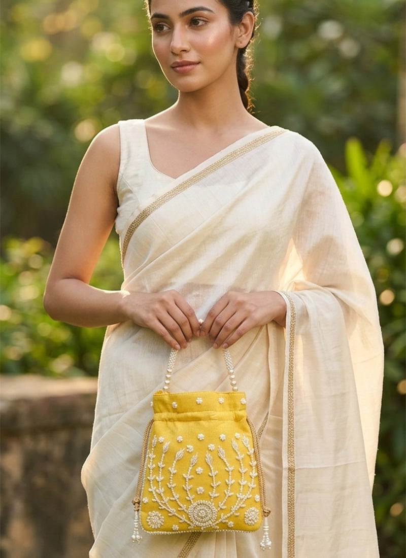 Yellow Embroidered Potli Bag With Pearl Bead Work